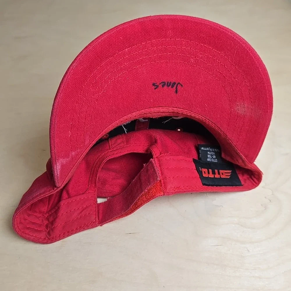 NW Youth Red Baseball Hat Embroidered White Letters Adjustable Otto Cap Stains‎
